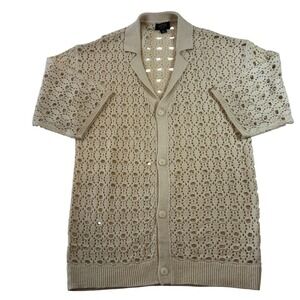 Boohoo Man Beige Crochet Knit Button Up  Cardigan Men's Size M Grandpacore